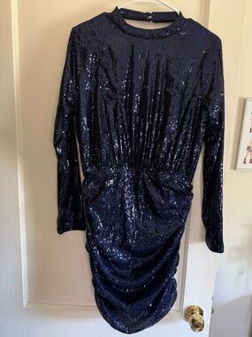 ASOS Navy Sequin Ruched Long-Sleeve Dress